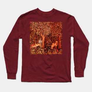 AUTUMN FOREST ANIMALS Fox and Hares Red Brown Floral Tapestry Long Sleeve T-Shirt